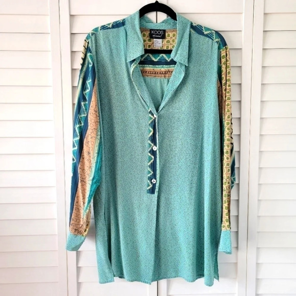 KOOS Blue Geo Print Vintage 100% Silk Button-up Long-Sleeve Tunic Shirt Size L - Picture 2 of 11
